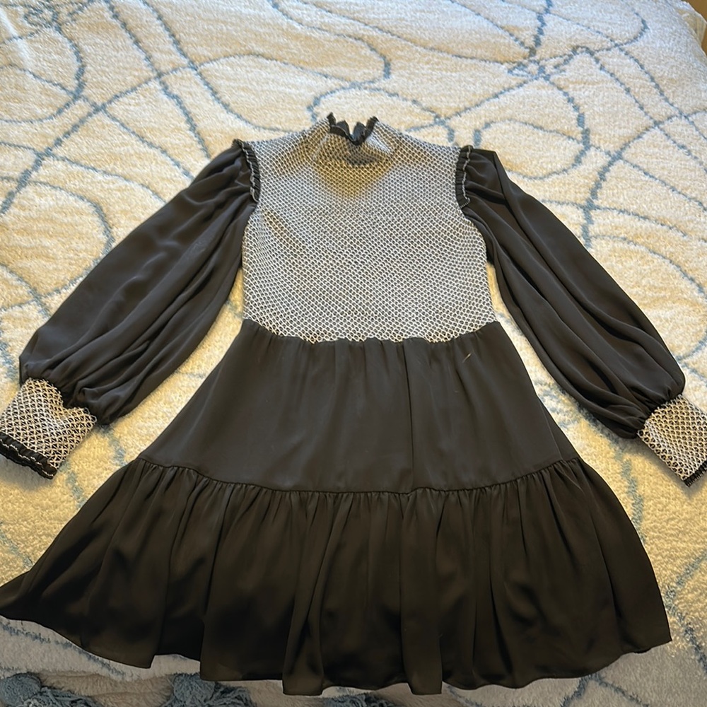 Alice + Olivia Gray Ruffled Tiered Dress with Bishop Sleeves